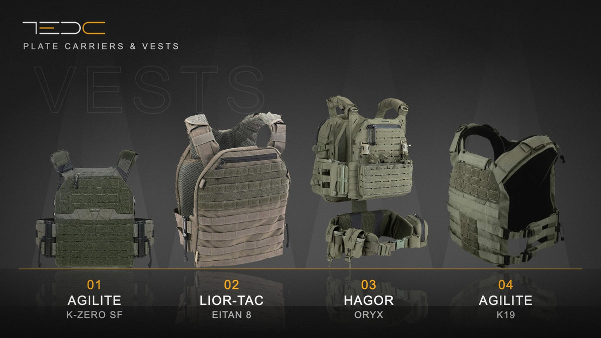 אפודים ומנשאי לוחות: Agilite K-Zero SF, איתן 8 של Lior Tac, אפוד Hagor Oryx ו־Agilite K19. ציוד בלבד, לא כולל נשק
