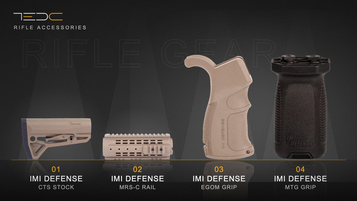 אביזרים לנשק ארוך IMI Defense: קת CTS מדברית, מתפס MRS-C מדברי, ידית אחיזה EGOM מדברית וידית קדמית MTG. ציוד בלבד, לא כולל נשק