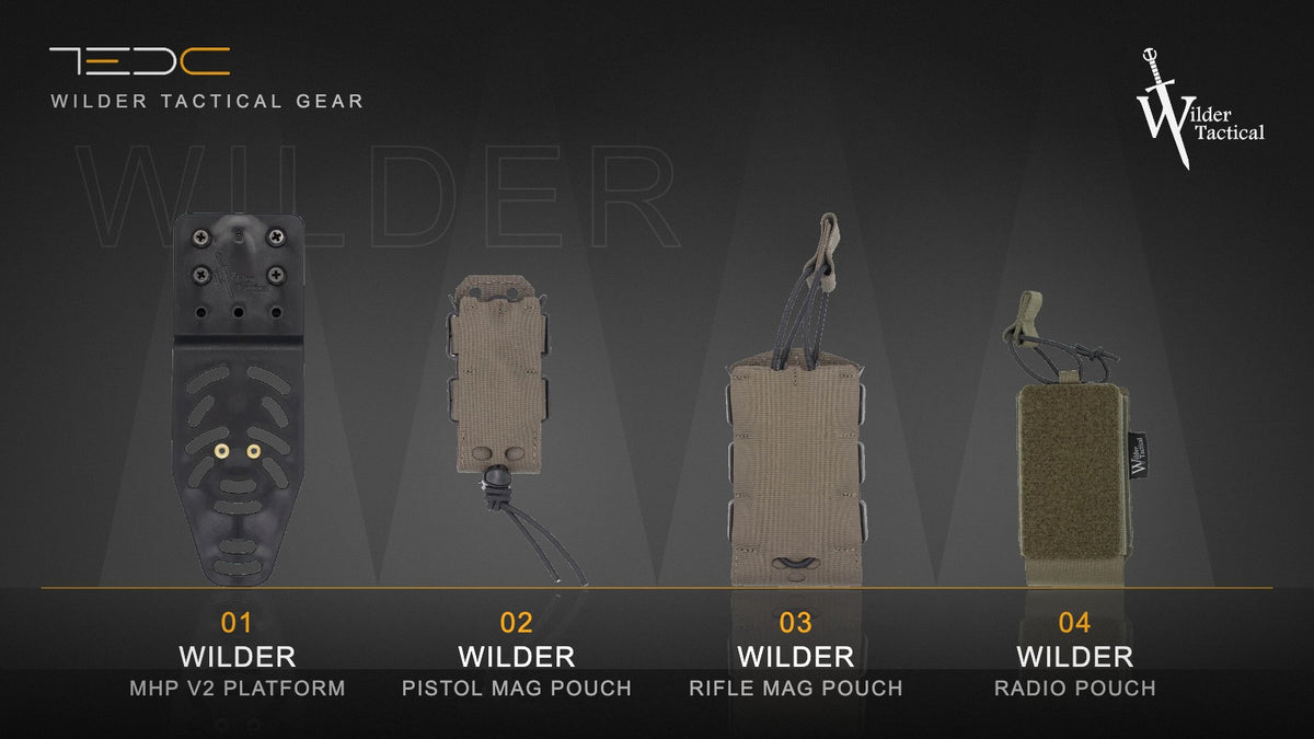 ציוד Wilder Tactical: פלטפורמת MHP V2, פונדה למחסנית אקדח, פונדה למחסנית רובה ופאוץ' קשר, פונדות ריקות. ציוד בלבד, לא כולל נשק