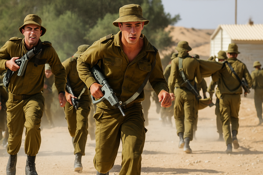 חיילים במהלך אימון ריצה קרבית בצה"ל, חייל בולט רץ קדימה עם נשק וקסדה בשטח פתוח | timetoedc.com