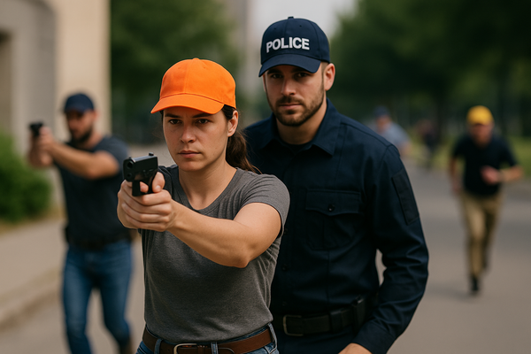 אזרחית חמושה עם כובע כתום מכוונת את האקדח בזווית בטוחה לקרקע כשמאחוריה שוטר במדים כחולים עם כובע POLICE ואנשים נוספים רצים לעבר הזירה ברחוב עירוני בישראל | timetoedc.com | timetoedc.com