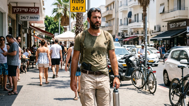 נשיאת אקדח בקיץ הישראלי, הסלקה מתחת לחולצה קצרה ברחוב עירוני | timetoedc.com