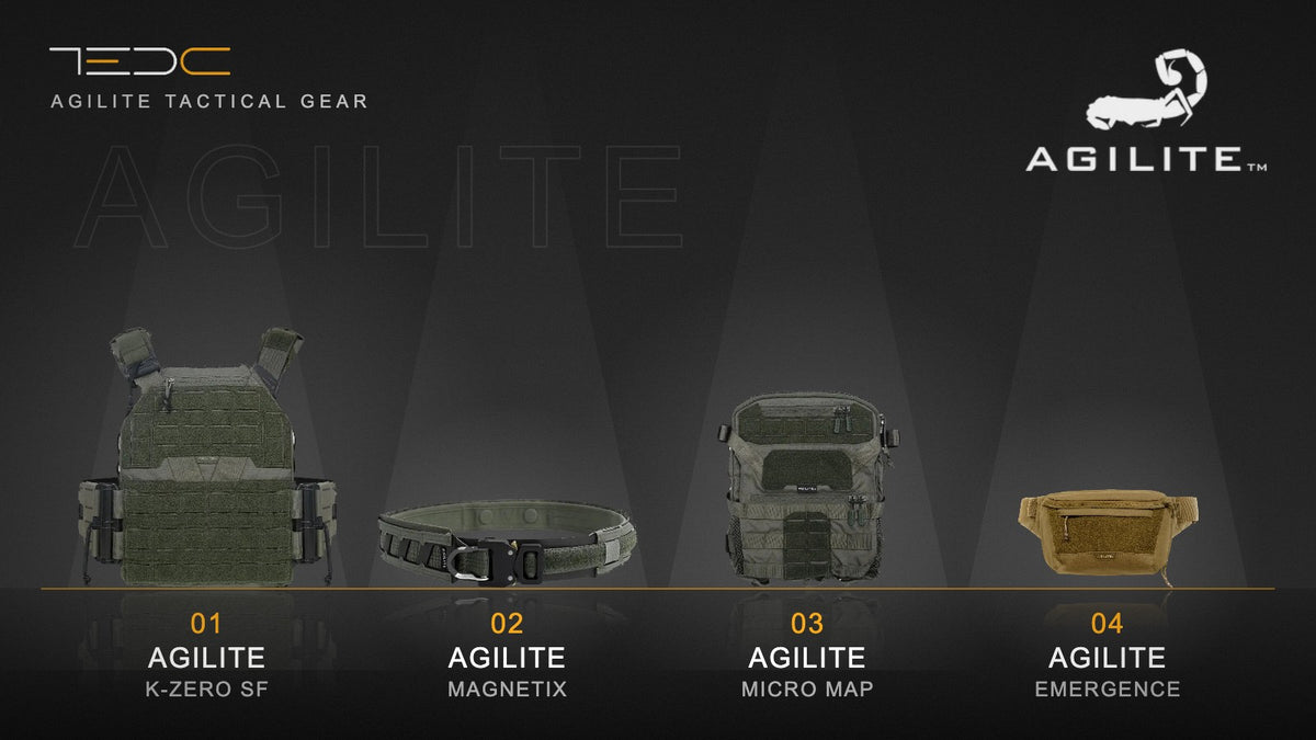 ציוד Agilite: K-Zero SF, Magnetix, Micro MAP ו־Emergence. ציוד בלבד, לא כולל נשק