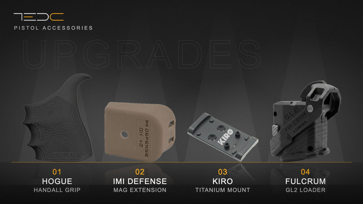 אביזרים לאקדח: גריפ Hogue HandAll, עקב +2 של IMI Defense, מתאם KIRO Titanium לכוונת השלכה ומטען מהיר Fulcrum GL2. ציוד בלבד, לא כולל נשק