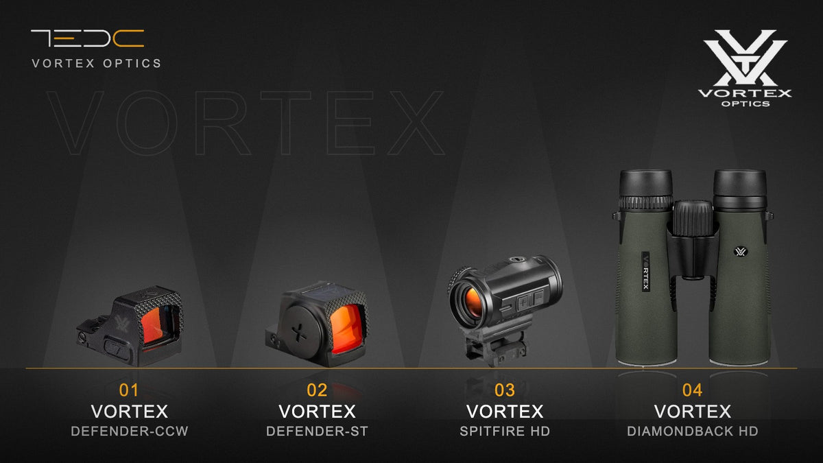 כוונות ומשקפות Vortex Optics: Defender-CCW, Defender-ST, Spitfire ומשקפת Diamondback HD 10x42. ציוד בלבד, לא כולל נשק