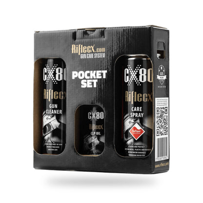 תכולת ערכת התחזוקה הקומפקטית RifleCX Pocket Set: תרסיס ניקוי, תרסיס הגנה ושמן, לא כולל נשק