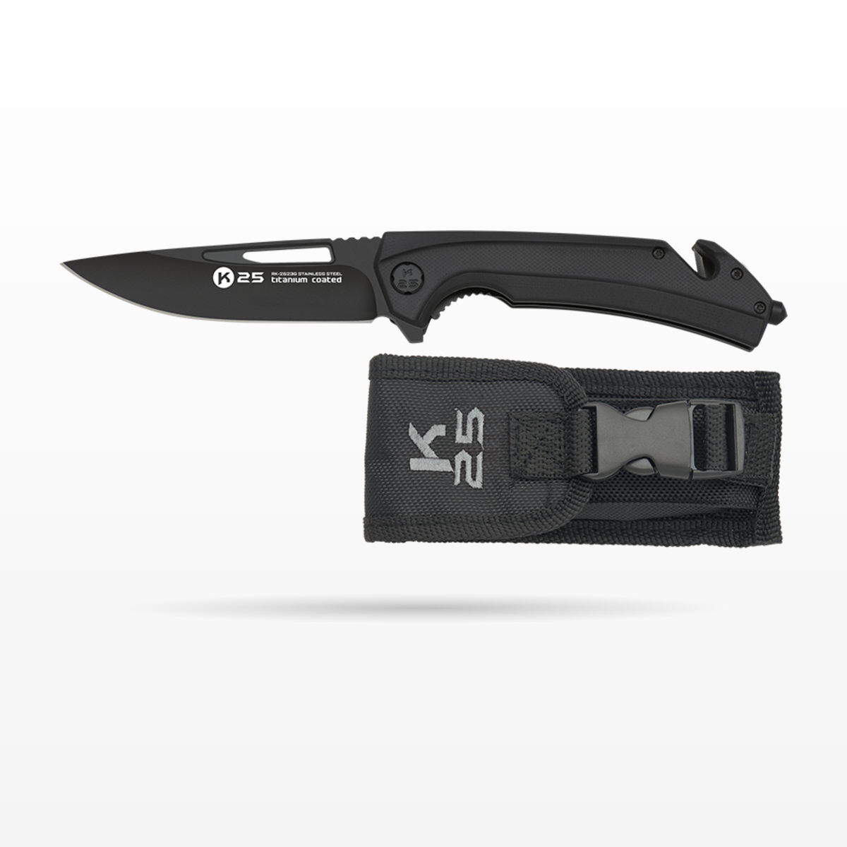 אולר טקטי K25 עם ידית G10 שחורה והנרתיק שלו