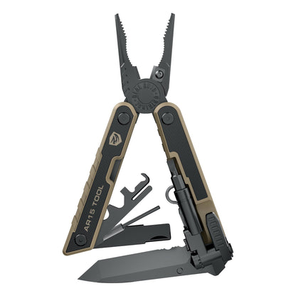 מולטיטול Real Avid AR15 Tool פתוח, שלד בצבע קויוטי ולוחיות G-10 שחורות
