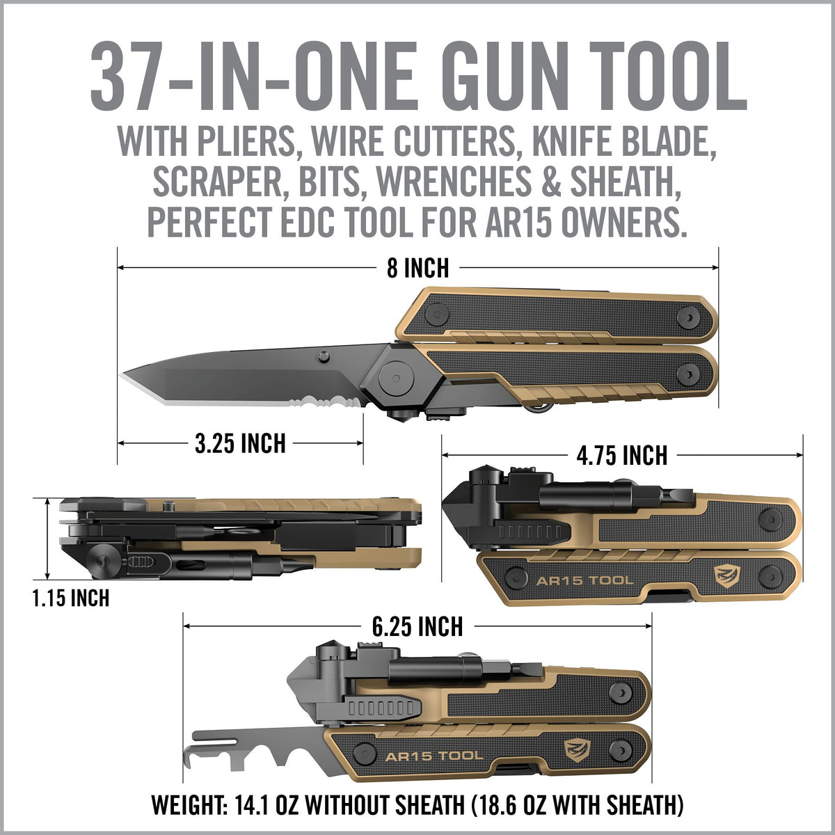 מידות ומשקל Real Avid AR15 Tool, כ-12 ס״מ סגור וכ-400 גרם