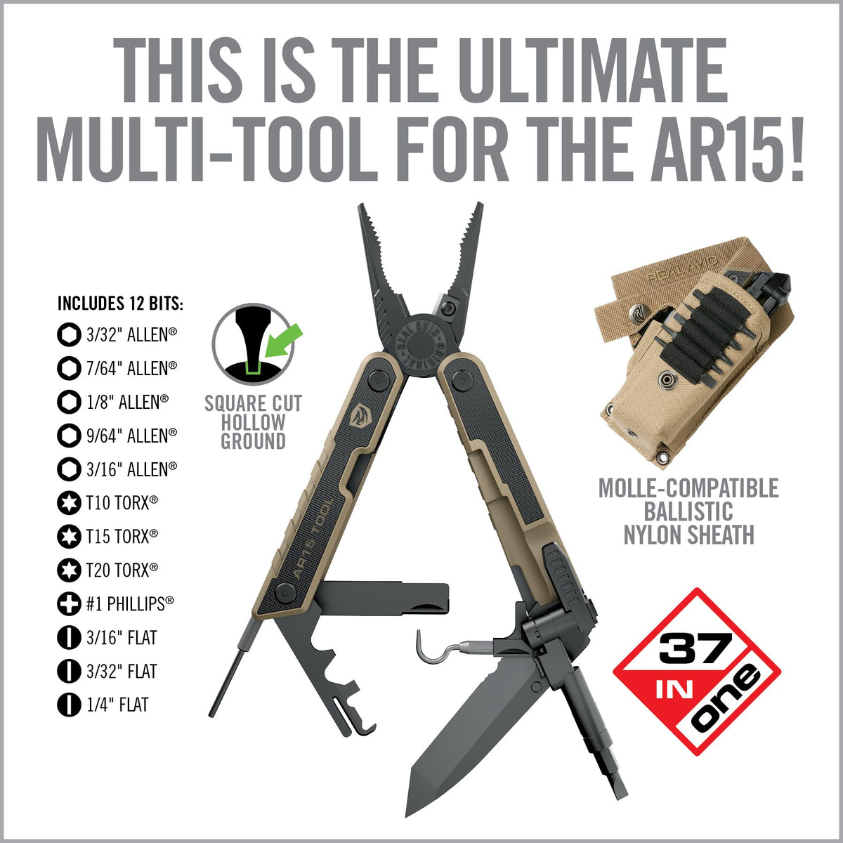 12 הביטים ונרתיק MOLLE של מולטיטול Real Avid AR15 Tool