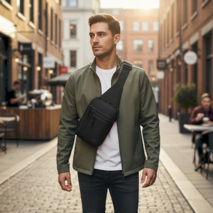 Hombre con bandolera táctica negra M-Tac para transporte oculto, diseñada con compartimentos y correa ajustable.