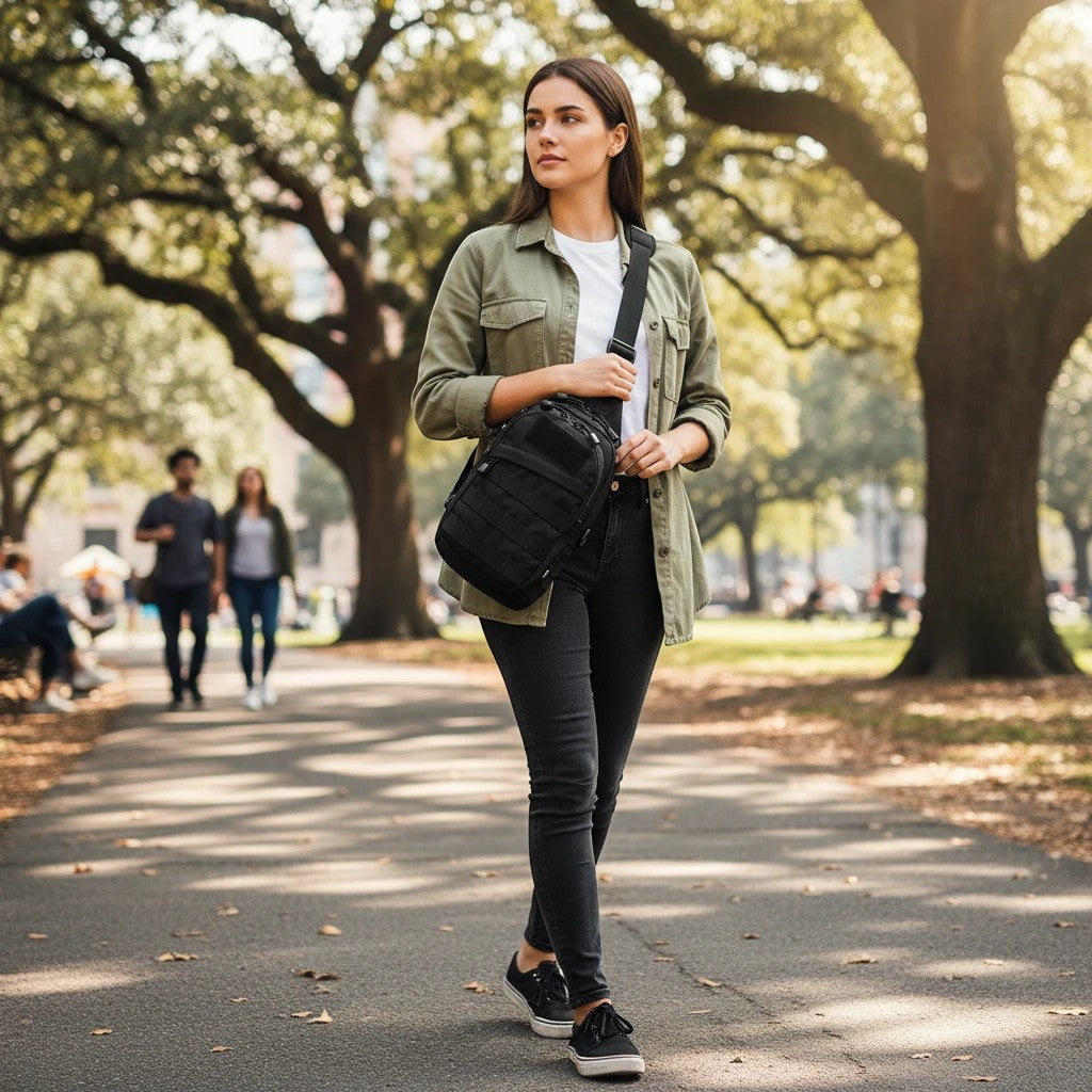 Mujer caminando en un parque con el bolso bandolera negro M-Tac Assistant Bag, ideal para uso diario EDC.