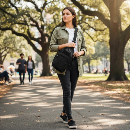 Mujer caminando en un parque con el bolso bandolera negro M-Tac Assistant Bag, ideal para uso diario EDC.